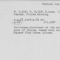 Index card with typed and handwritten information, sometimes including a sketch, of pottery from an excavation.