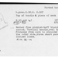 Index card with typed and handwritten information, sometimes including a sketch, of pottery from an excavation.
