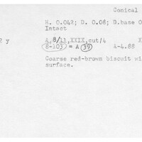 Index card with typed and handwritten information, sometimes including a sketch, of pottery from an excavation.