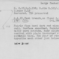 Index card with typed and handwritten information, sometimes including a sketch, of pottery from an excavation.