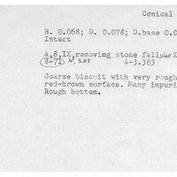 Index card with typed and handwritten information, sometimes including a sketch, of pottery from an excavation.