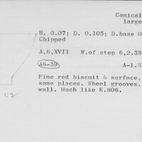 Index card with typed and handwritten information, sometimes including a sketch, of pottery from an excavation.