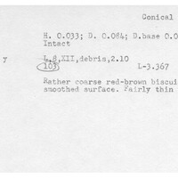 Index card with typed and handwritten information, sometimes including a sketch, of pottery from an excavation.