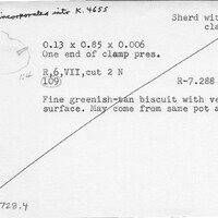 Index card with typed and handwritten information, sometimes including a sketch, of pottery from an excavation.