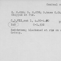Index card with typed and handwritten information, sometimes including a sketch, of pottery from an excavation.