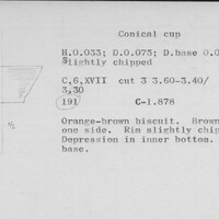 Index card with typed and handwritten information, sometimes including a sketch, of pottery from an excavation.