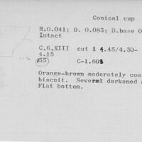 Index card with typed and handwritten information, sometimes including a sketch, of pottery from an excavation.