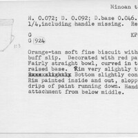 Index card with typed and handwritten information, sometimes including a sketch, of pottery from an excavation.