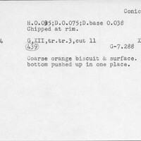 Index card with typed and handwritten information, sometimes including a sketch, of pottery from an excavation.