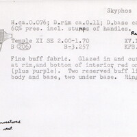 Index card with typed and handwritten information, sometimes including a sketch, of pottery from an excavation.