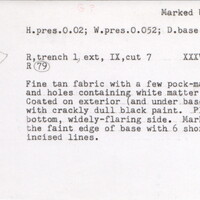 Index card with typed and handwritten information, sometimes including a sketch, of pottery from an excavation.