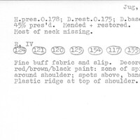 Index card with typed and handwritten information, sometimes including a sketch, of pottery from an excavation.