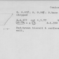 Index card with typed and handwritten information, sometimes including a sketch, of pottery from an excavation.