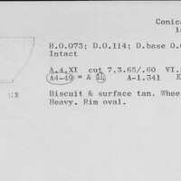 Index card with typed and handwritten information, sometimes including a sketch, of pottery from an excavation.