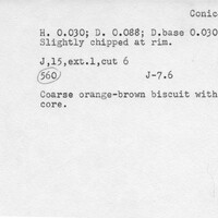 Index card with typed and handwritten information, sometimes including a sketch, of pottery from an excavation.