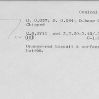 Index card with typed and handwritten information, sometimes including a sketch, of pottery from an excavation.