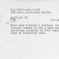 Index card with typed and handwritten information, sometimes including a sketch, of pottery from an excavation.