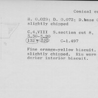 Index card with typed and handwritten information, sometimes including a sketch, of pottery from an excavation.