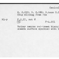 Index card with typed and handwritten information, sometimes including a sketch, of pottery from an excavation.