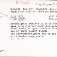 Index card with typed and handwritten information, sometimes including a sketch, of pottery from an excavation.