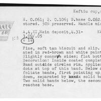 Index card with typed and handwritten information, sometimes including a sketch, of pottery from an excavation.