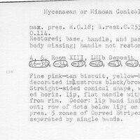 Index card with typed and handwritten information, sometimes including a sketch, of pottery from an excavation.