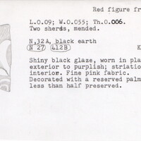 Index card with typed and handwritten information, sometimes including a sketch, of pottery from an excavation.