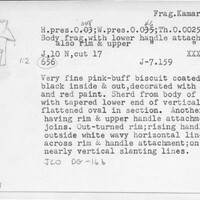 Index card with typed and handwritten information, sometimes including a sketch, of pottery from an excavation.
