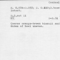 Index card with typed and handwritten information, sometimes including a sketch, of pottery from an excavation.