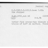 Index card with typed and handwritten information, sometimes including a sketch, of pottery from an excavation.