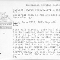 Index card with typed and handwritten information, sometimes including a sketch, of pottery from an excavation.