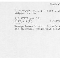 Index card with typed and handwritten information, sometimes including a sketch, of pottery from an excavation.