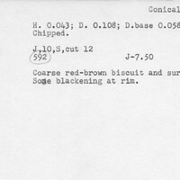 Index card with typed and handwritten information, sometimes including a sketch, of pottery from an excavation.