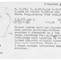 Index card with typed and handwritten information, sometimes including a sketch, of pottery from an excavation.
