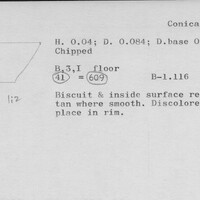 Index card with typed and handwritten information, sometimes including a sketch, of pottery from an excavation.