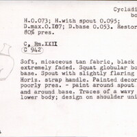 Index card with typed and handwritten information, sometimes including a sketch, of pottery from an excavation.