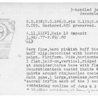 Index card with typed and handwritten information, sometimes including a sketch, of pottery from an excavation.