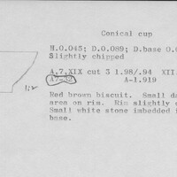 Index card with typed and handwritten information, sometimes including a sketch, of pottery from an excavation.