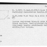 Index card with typed and handwritten information, sometimes including a sketch, of pottery from an excavation.