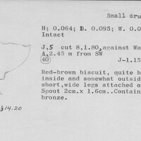 Index card with typed and handwritten information, sometimes including a sketch, of pottery from an excavation.