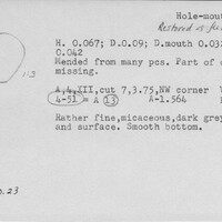 Index card with typed and handwritten information, sometimes including a sketch, of pottery from an excavation.