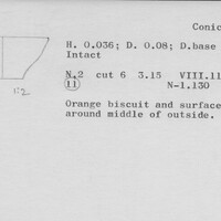 Index card with typed and handwritten information, sometimes including a sketch, of pottery from an excavation.