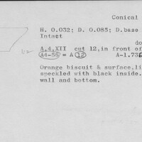 Index card with typed and handwritten information, sometimes including a sketch, of pottery from an excavation.