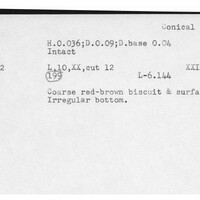 Index card with typed and handwritten information, sometimes including a sketch, of pottery from an excavation.