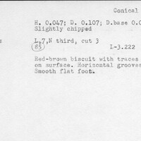 Index card with typed and handwritten information, sometimes including a sketch, of pottery from an excavation.
