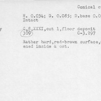 Index card with typed and handwritten information, sometimes including a sketch, of pottery from an excavation.