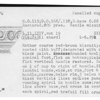 Index card with typed and handwritten information, sometimes including a sketch, of pottery from an excavation.