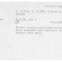 Index card with typed and handwritten information, sometimes including a sketch, of pottery from an excavation.