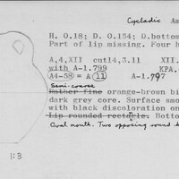 Index card with typed and handwritten information, sometimes including a sketch, of pottery from an excavation.