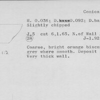 Index card with typed and handwritten information, sometimes including a sketch, of pottery from an excavation.